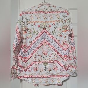 Men's Floral Chevron Print Button-Down Shirt - White with Coral Accents